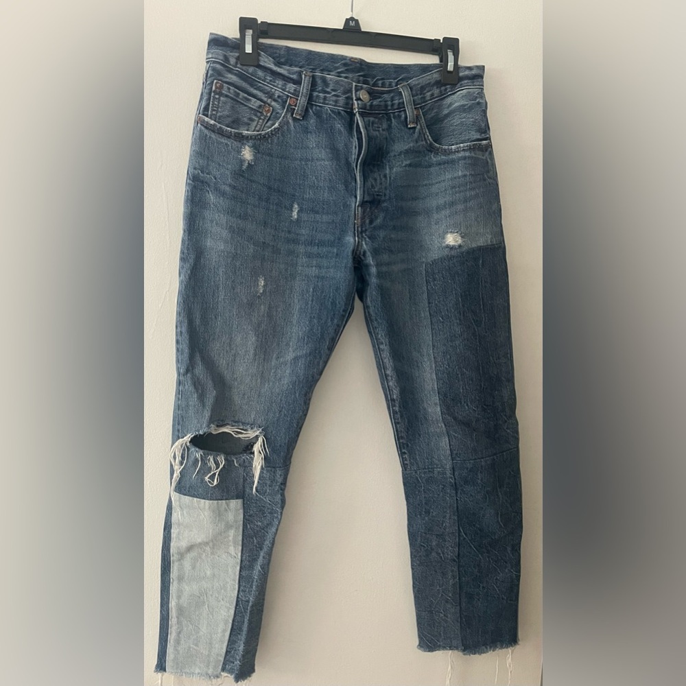 Levi's 501 straight leg crop patchwork jeans